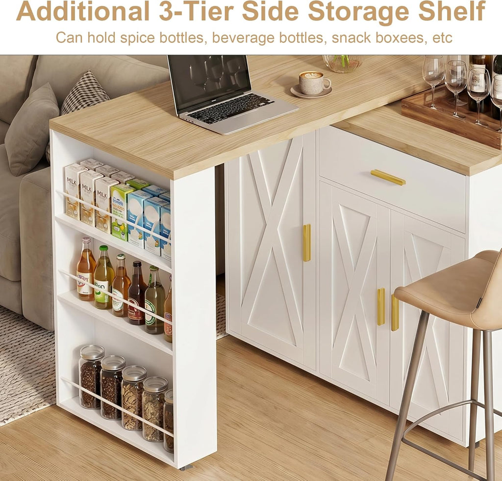 DreamDashio Kitchen Island with Storage, Rolling Kitchen Island with Swivel Table, Drawers & Shelves, Mobile Kitchen Island Cart with 360° Swivel Extendable Dining Table for Kitchen, Dining Room
