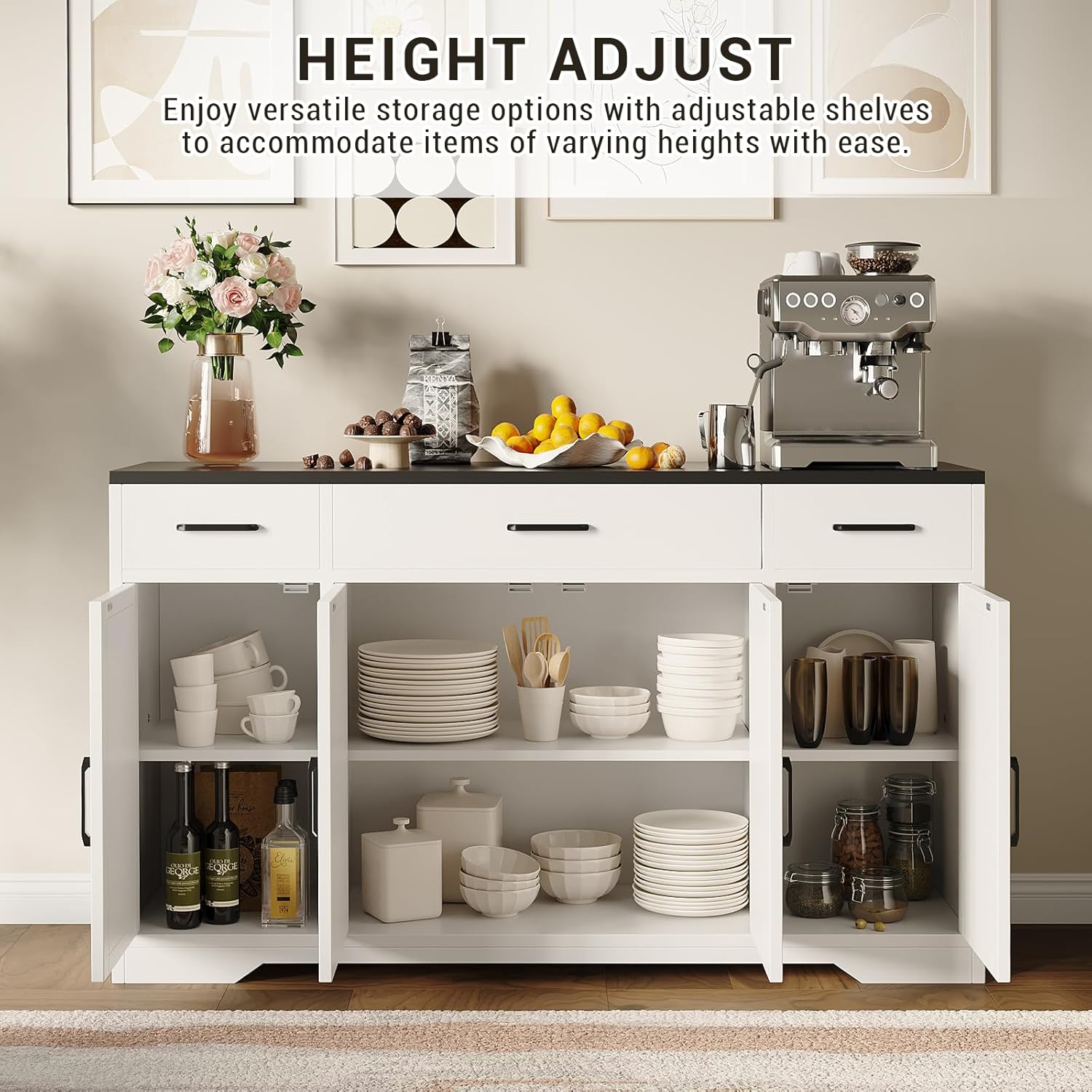55" Sideboard with Storage Kitchen Storage Cabinet with 3 Drawers, Modern Large Wood Farmhouse Buffet Cabinet TV Stand Coffee Bar for Living Room Hallway