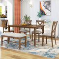 Merax 60" Farmhouse Dining Table Set for 6, Wooden Rectangular Dining Kitchen Table with 4 Fabric Chairs & Bench, 6-Piece Dining Room & Living Room Furniture, Natural Cherry