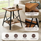 Solid Wood End Table, 2 Tier Square Side Table with Storage Shelf, Solid Pine Top, Sturdy Metal Legs Nightstand for Small Spaces, Living Room, Bedroom, 20 x 20 x 24.8 in, Rustic Brown