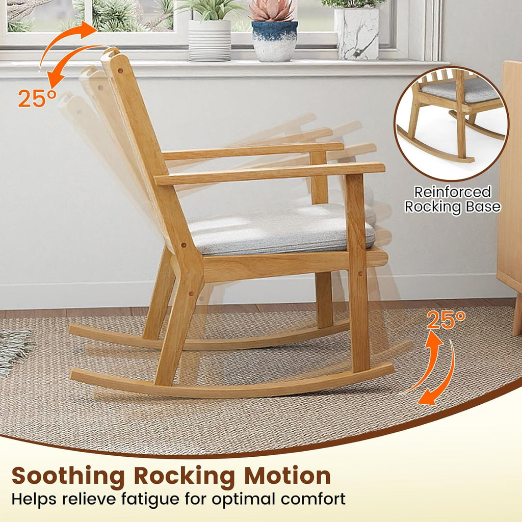 GOFLAME Wooden Rocking Chair, Accent Rocker Chair with Rustic Rubber Wood Frame, Removable Cushion and Ergonomic Slatted Backrest, Indoor Armchair for Nursery, Living Room, Bedroom
