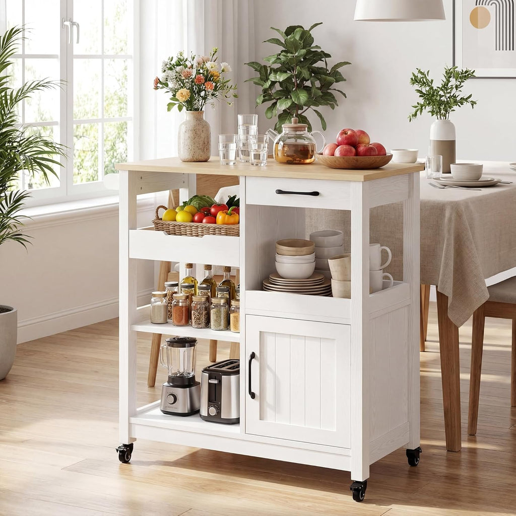 IRONCK Kitchen Island with Storage, Rolling Kitchen Island on Wheels, Kitchen Cart with Cabinet, Open Shelves, Drawer for Home,White and Natural