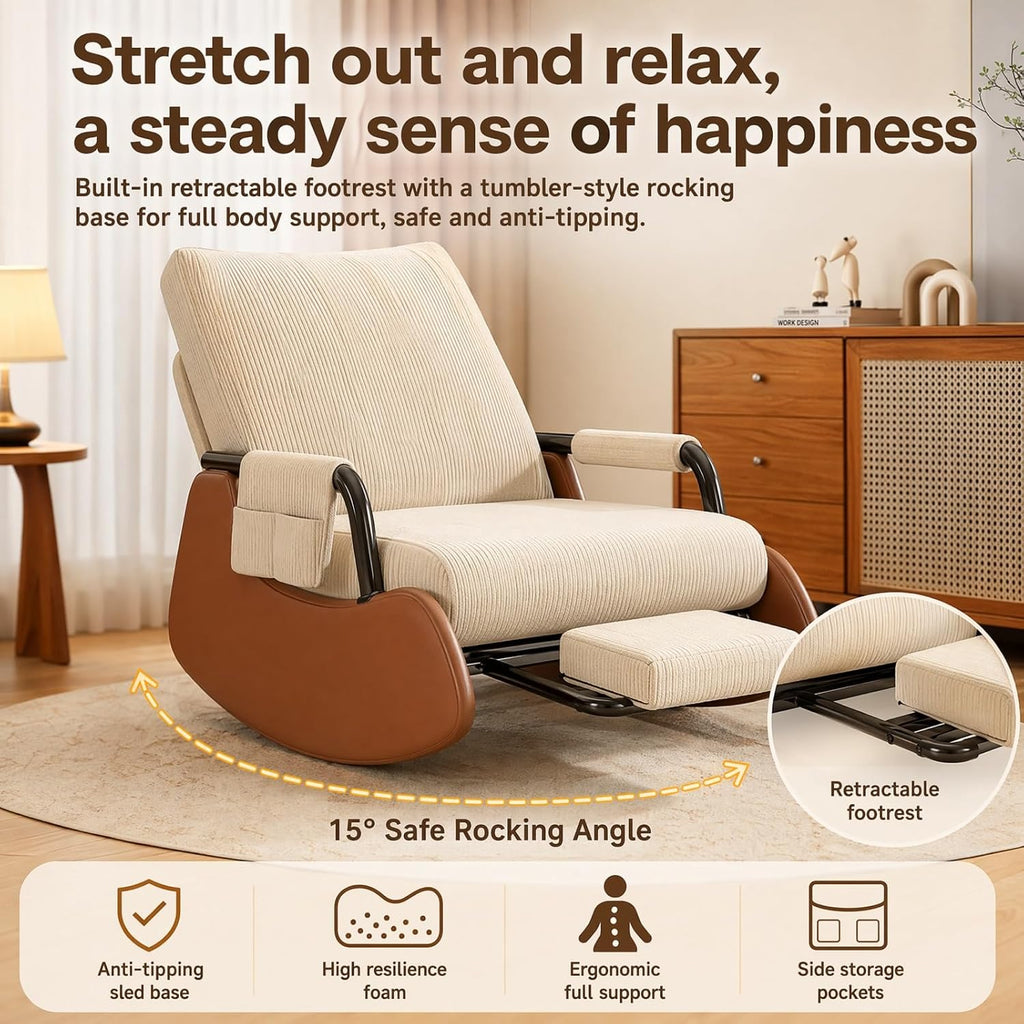 Nursery Rocking Chairs Gliding Rocking Chair with Retractable Foot Rest, 3-Position Adjustable Recline Two-Tone Corduroy Foldable Anti-Tip Sled Base Living Room