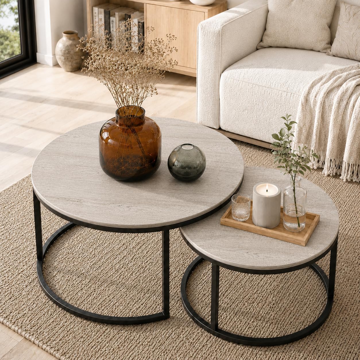 Otterease Nesting Tables Set of 2, 31.5" Round Coffee Table, Large Nesting Coffee Table with Adjustable Non-Slip Fee, Wood Grain Top Nesting Tables for Living Room, Bedroom (Wood Grain Grey)