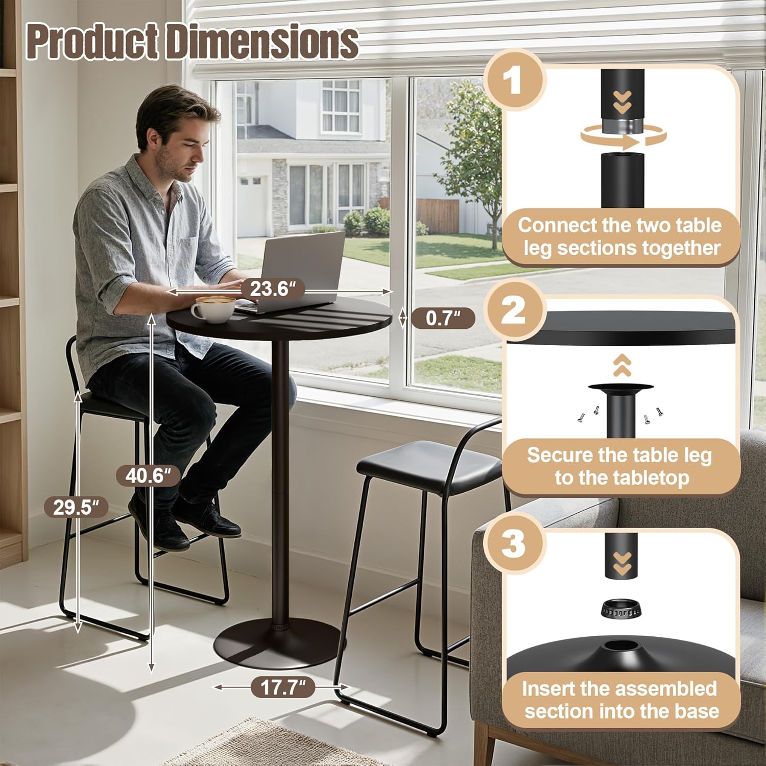 Furmax Bistro Pub Table Round Bar Height Cocktail Table for Home Bar, Round Bar Tables for Party, Dining Room, Living Room and Wedding, Metal Base MDF Top Obsidian, 40.6 Inch Height (1, Dark Black-1)