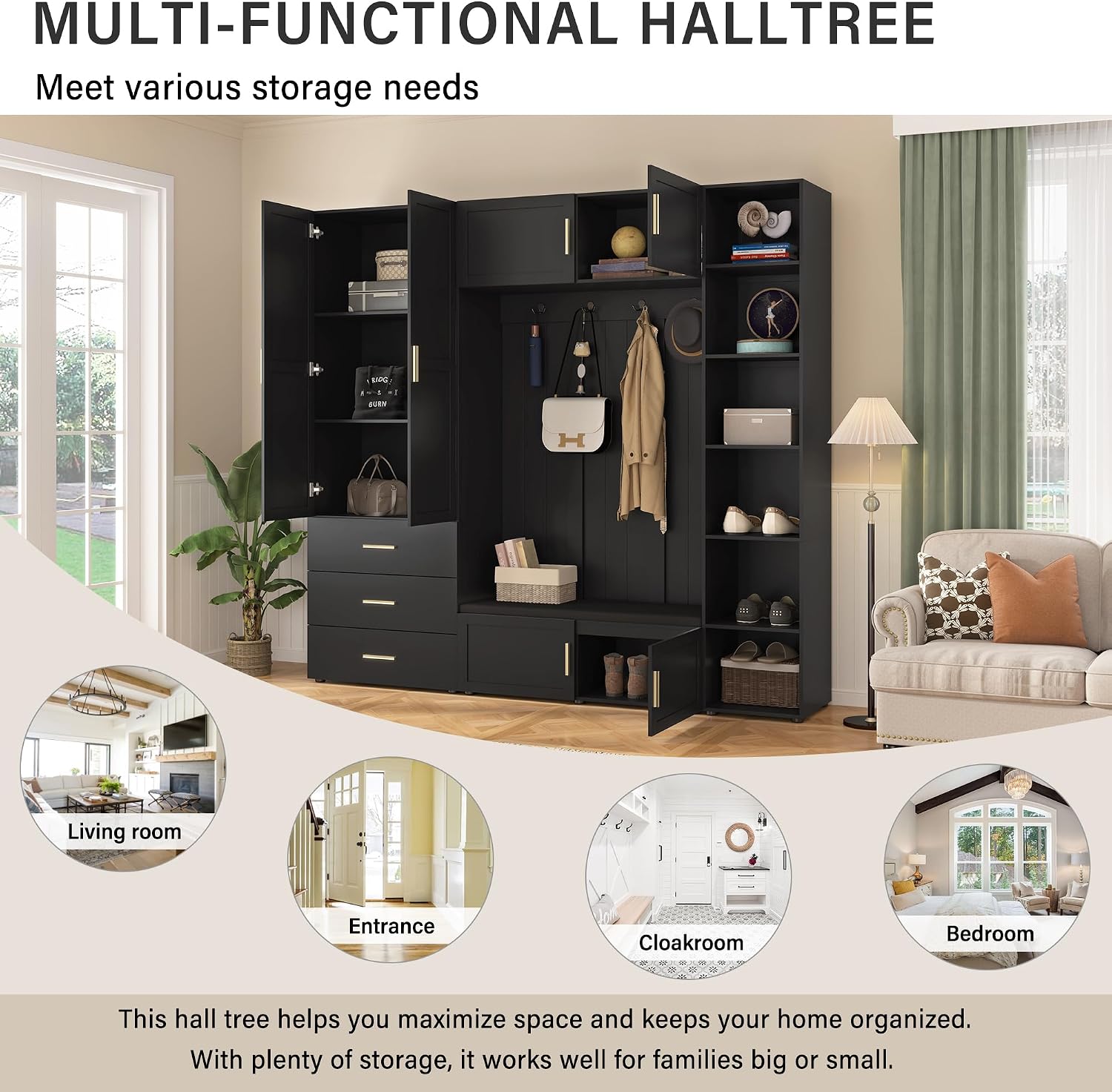 JIJIWANG Wide Hall Tree With Bench and Shoe Storage, 4-In-1 Entryway Bench with 4 Hooks, Storage Drawers and Adjustable Storage Shelves, Entryway Organizer for Mudroom, Hallway, Entrance, Black