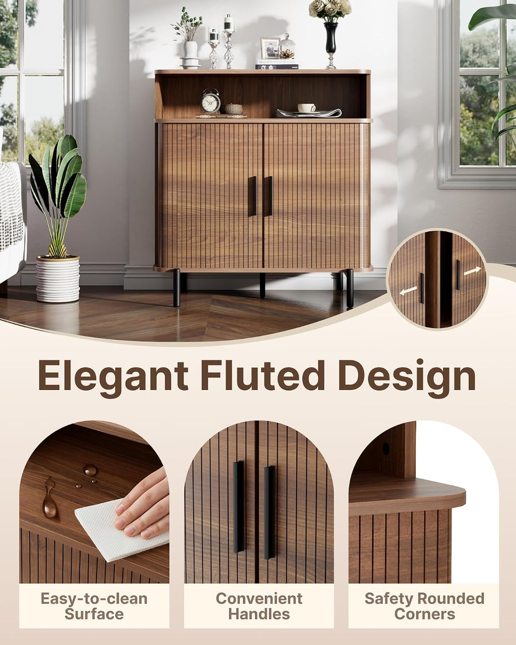 SUNCOZE Buffet Sideboard Cabinet with Big Storage Space, Fluted Coffee Bar Cabinet with Shelves, Modern Wood Console Cabinet for Kitchen, Entryway & Living Room (Walnut)