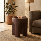 LeisureMod Round Side Table in Fiberstone with Arched Base Design Compact Weather-Resistant for Modern Home, Living Room, Bedroom, Patio Crus Collection (Wood Brown)
