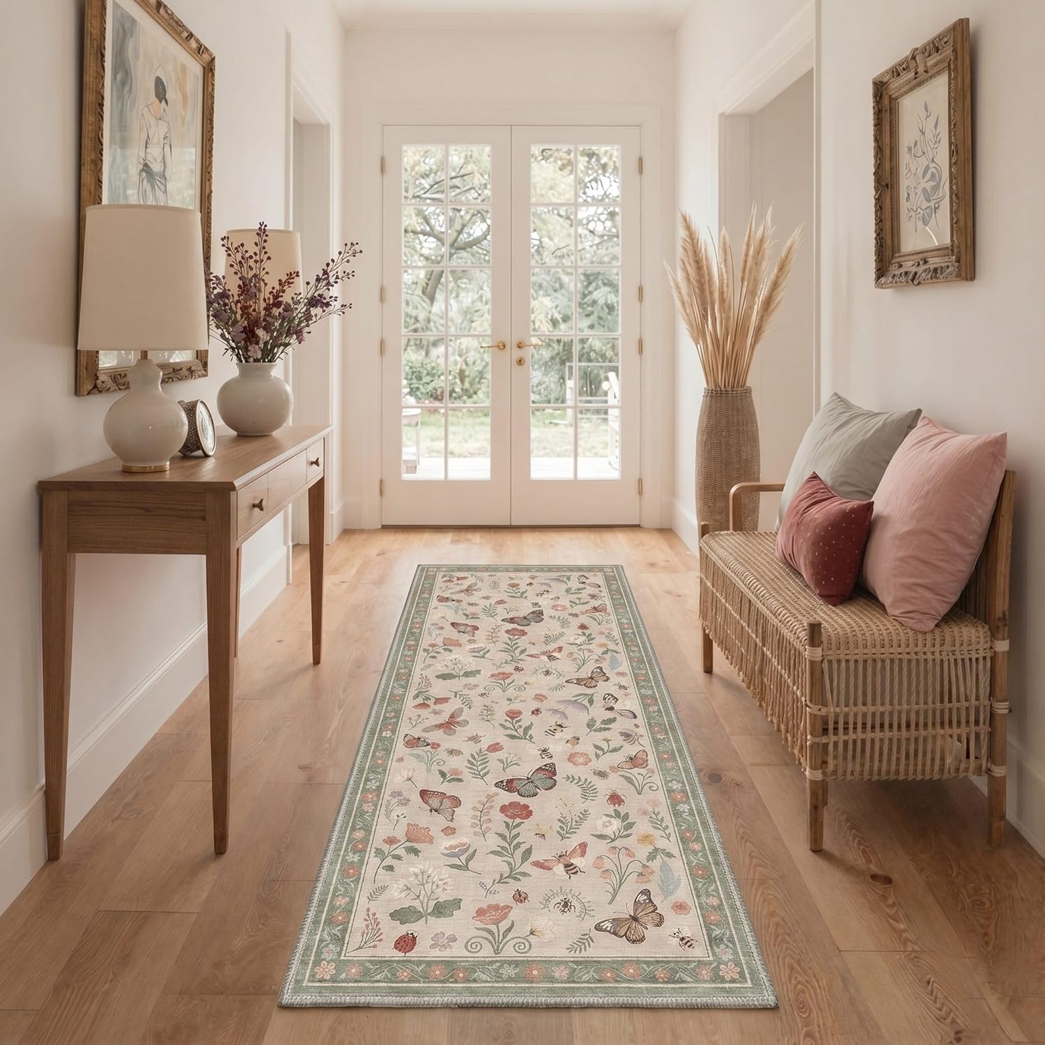 GENIMO 2x5 Runner Rug Non Slip Machine Washable Low Pile for Hallway Kitchen Laundry Room Bedroom Bathroom, Butterfly Garden Print Pattern Light Weight, Dusty Sage