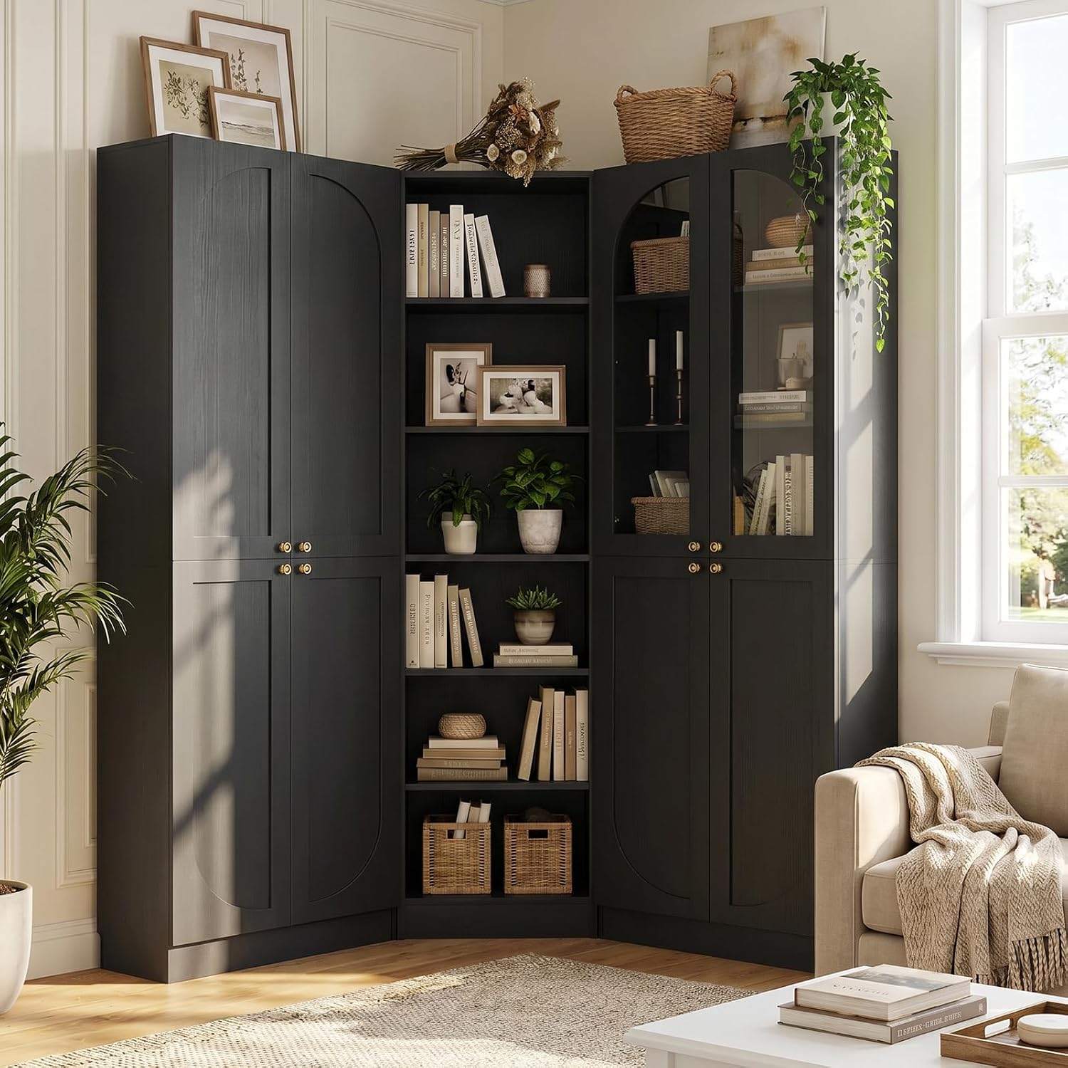 Cyclysio 80" Tall Pantry System with Tempered Glass Doors, Arched Corner Pantries with 6-Tier Open Shelves, Wooden Storage Organizer Cabinets for Living Room, Kitchen, Bathroom