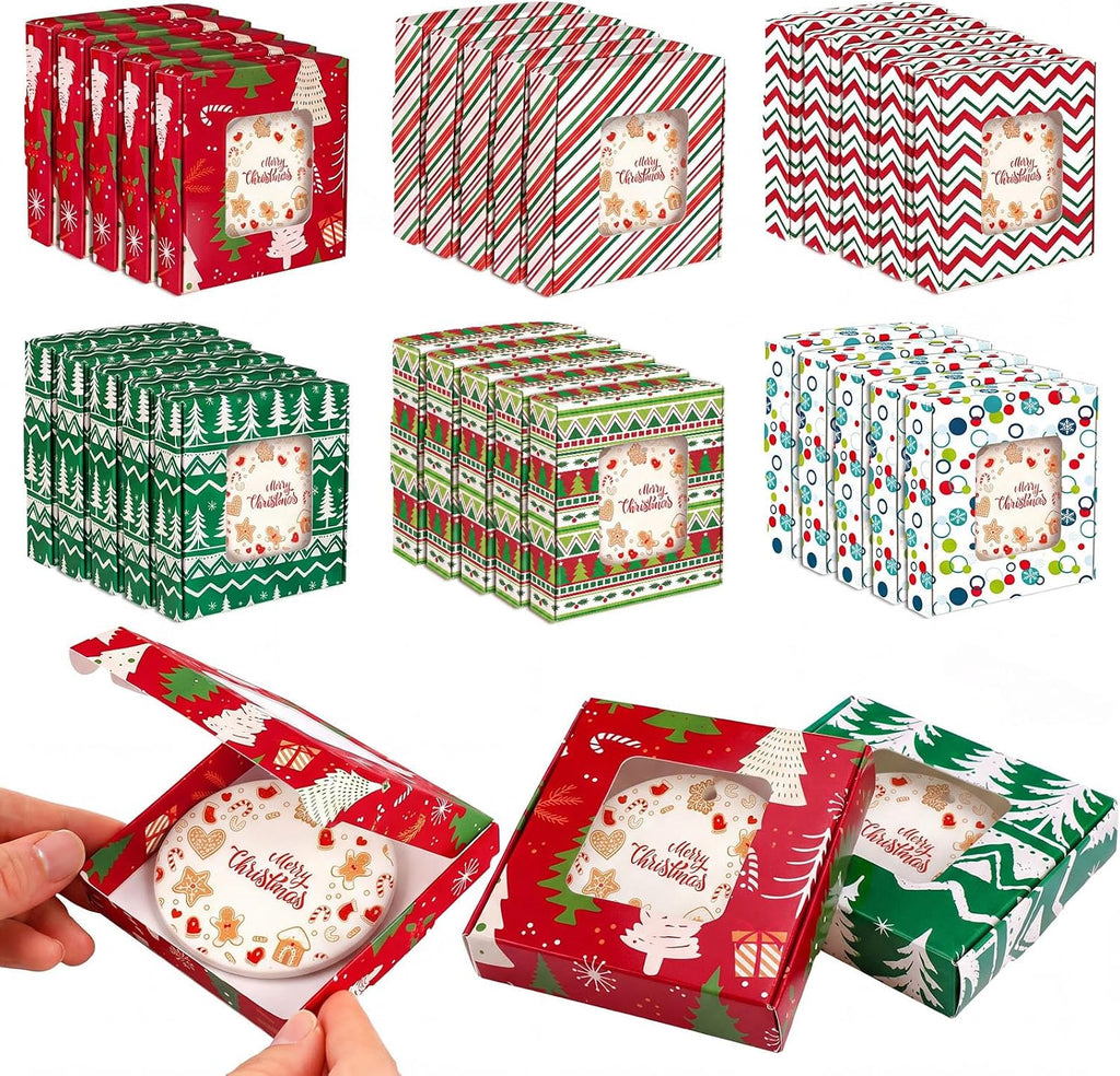 Gersoniel 30 Pcs Christmas Sublimation Ornaments Gift Boxes 3.54"x3.54"x0.7" Christmas Packaging Boxes with Window Sublimation Ceramic Discs Gift Wrapping for Festivals Holidays Xmas(Whimsical)