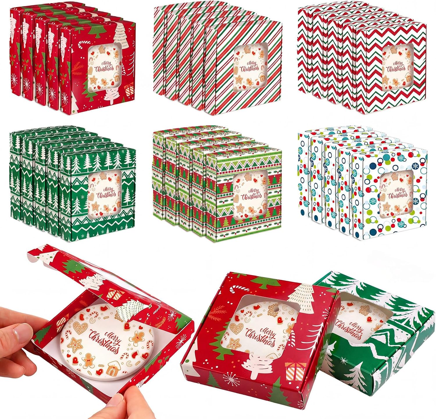 Gersoniel 30 Pcs Christmas Sublimation Ornaments Gift Boxes 3.54"x3.54"x0.7" Christmas Packaging Boxes with Window Sublimation Ceramic Discs Gift Wrapping for Festivals Holidays Xmas(Whimsical)