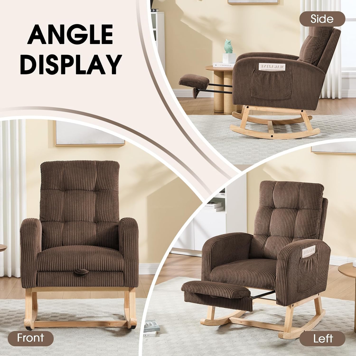 NIOIIKIT Nursery Rocking Chair, Corduroy Upholstered Rocking Chair with Adjustable Footrest, Tufted Rocker Chair with Side Pocket, Glider Rocker for Living Room, Bedroom (Brown Retro)
