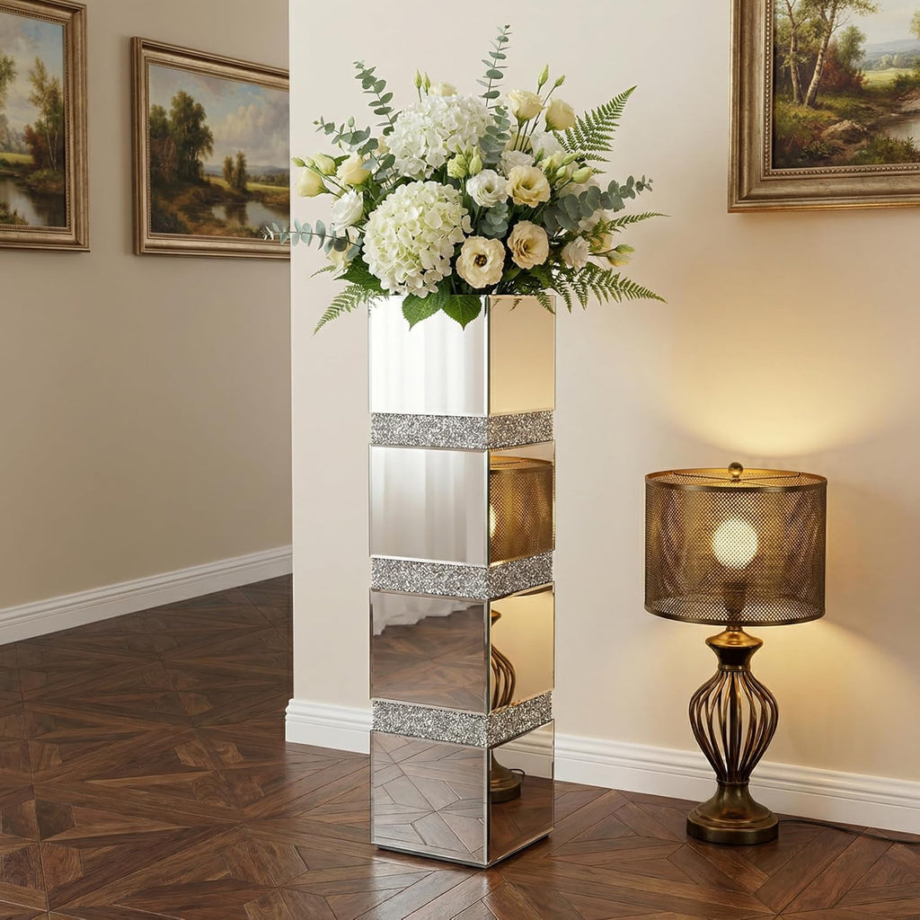 30" Large Crushed Diamond Floor Vases,Tall Mirrored Silver Crystal Vase, Floor Vases Decorative Tall,Big vase for Home,Office,Hotel (8" L x 8" W x 30" H)
