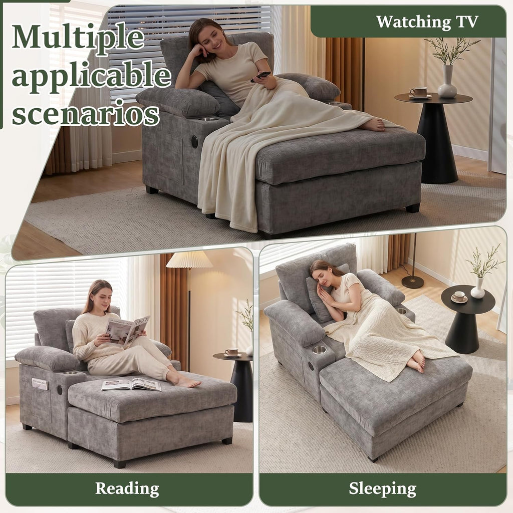 Oversized Chaise Lounge Chair with Ottoman and Cup Holders, Modern Sleeper Sofa with USB Charging Ports for Living Room and Bedroom (Grey)