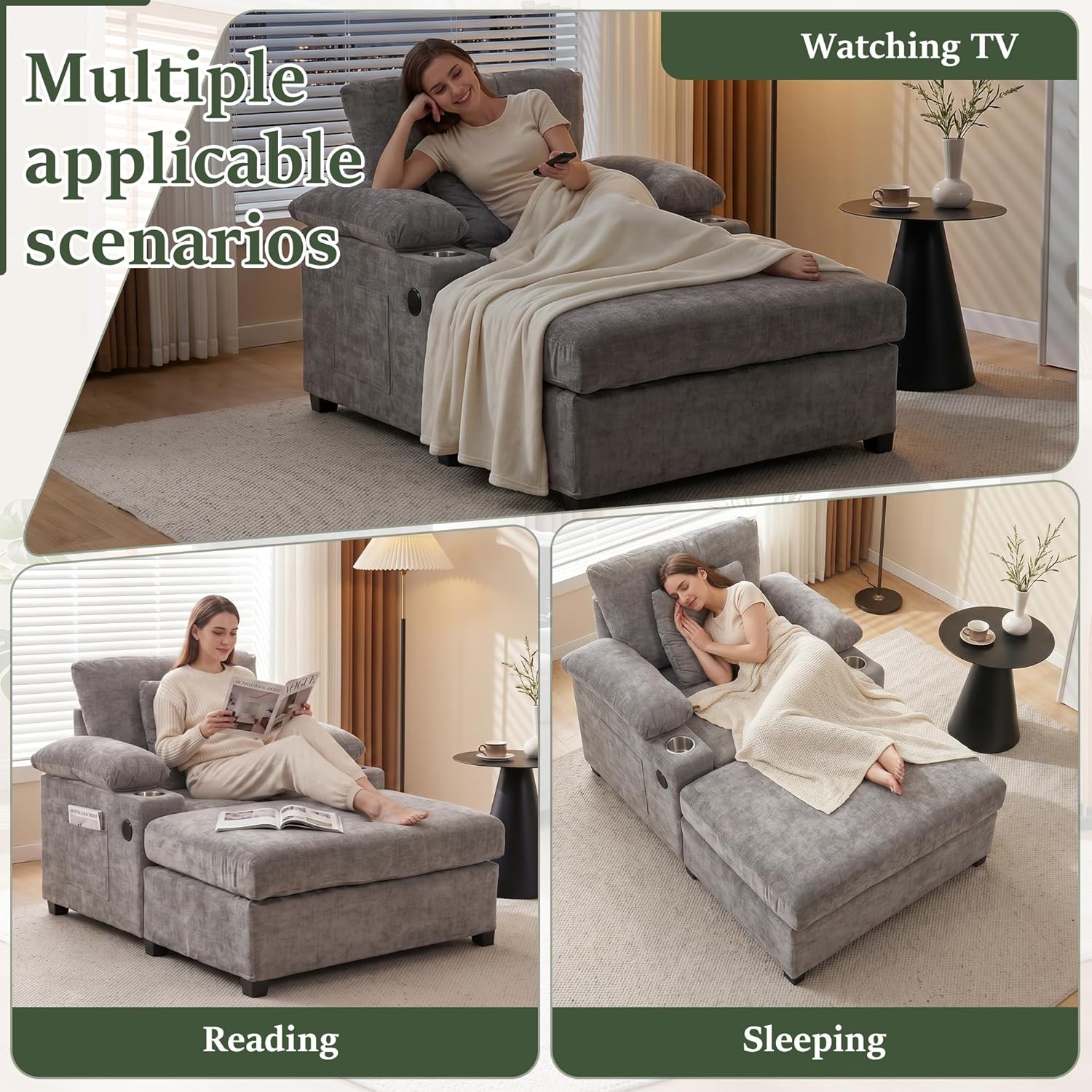 Oversized Chaise Lounge Chair with Ottoman and Cup Holders, Modern Sleeper Sofa with USB Charging Ports for Living Room and Bedroom (Grey)