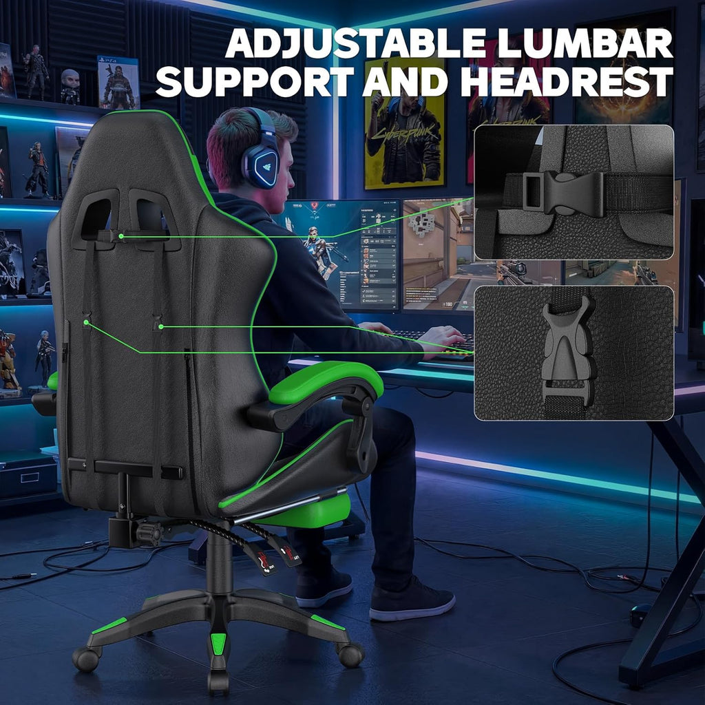 Bigzzia Gaming Chair with Footrest, Ergonomic Computer Game Chair with 20'' Wide Seat, Adjustable Lumbar Support, Headrest, 90°-135° Reclining Gaming Chairs for Adults, Black Green
