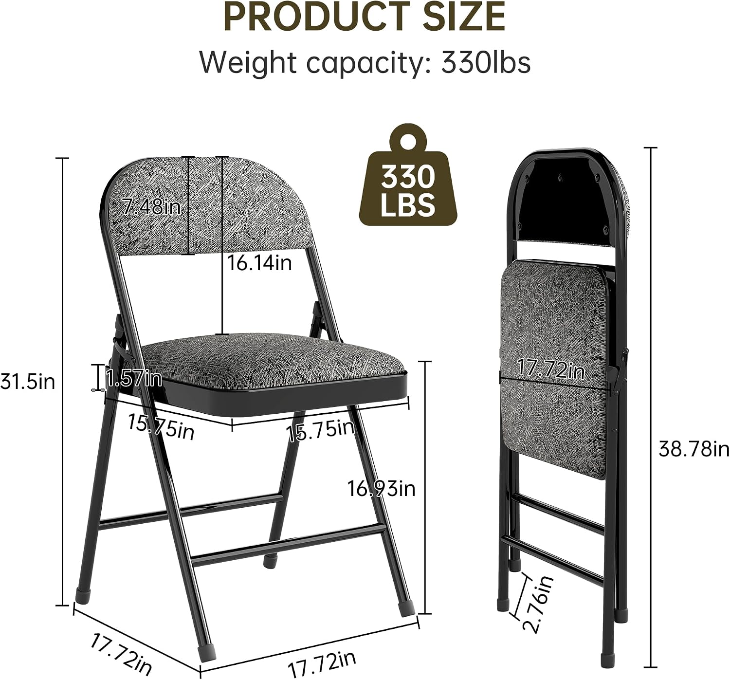 4 Pack Padded Cushion and Back Folding Chairs, Fabric Dining Chair Set with Steel Frame Metal for Home and Office, for Indoor and Outdoor Events, (Fabric Gray)