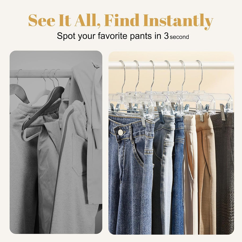 HOUSE DAY 200 Pack Pants Hangers with Adjustable Clips and 360° Swivel Hook, Non-Slip Clear Plastic Skirt Hangers for Pants, Jeans, Skirts, Trousers, Bulk Hangers for Closet Organization
