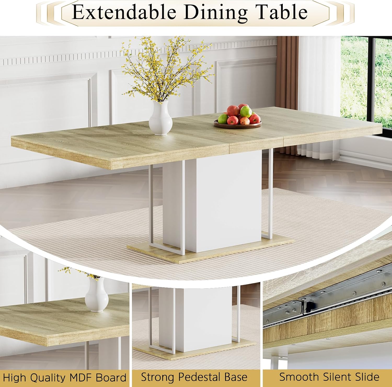 78.7" Farmhouse Extendable Dining Room Table Set for 8, 9-Piece Rectangle Kitchen Dining Table Set with Wood Base and 8 Grey Velvet Dining Chair, Extending Kitchen & Dining Table Set