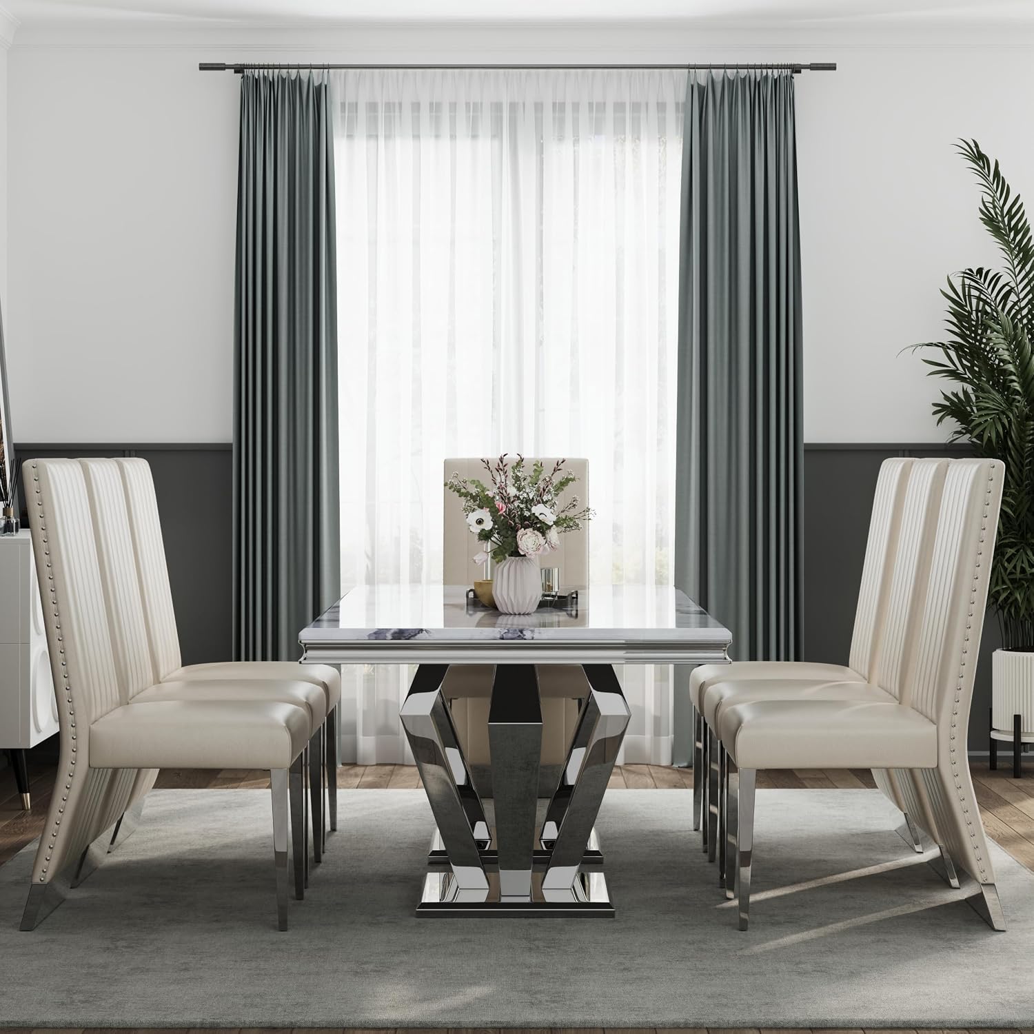 AUZ White Leather Dining Chairs Set of 6, White and Silver Upholstered Dining Room Chairs with Nailhead Trim High Back, Modern Dining Chair with Polished Silver Metal Legs