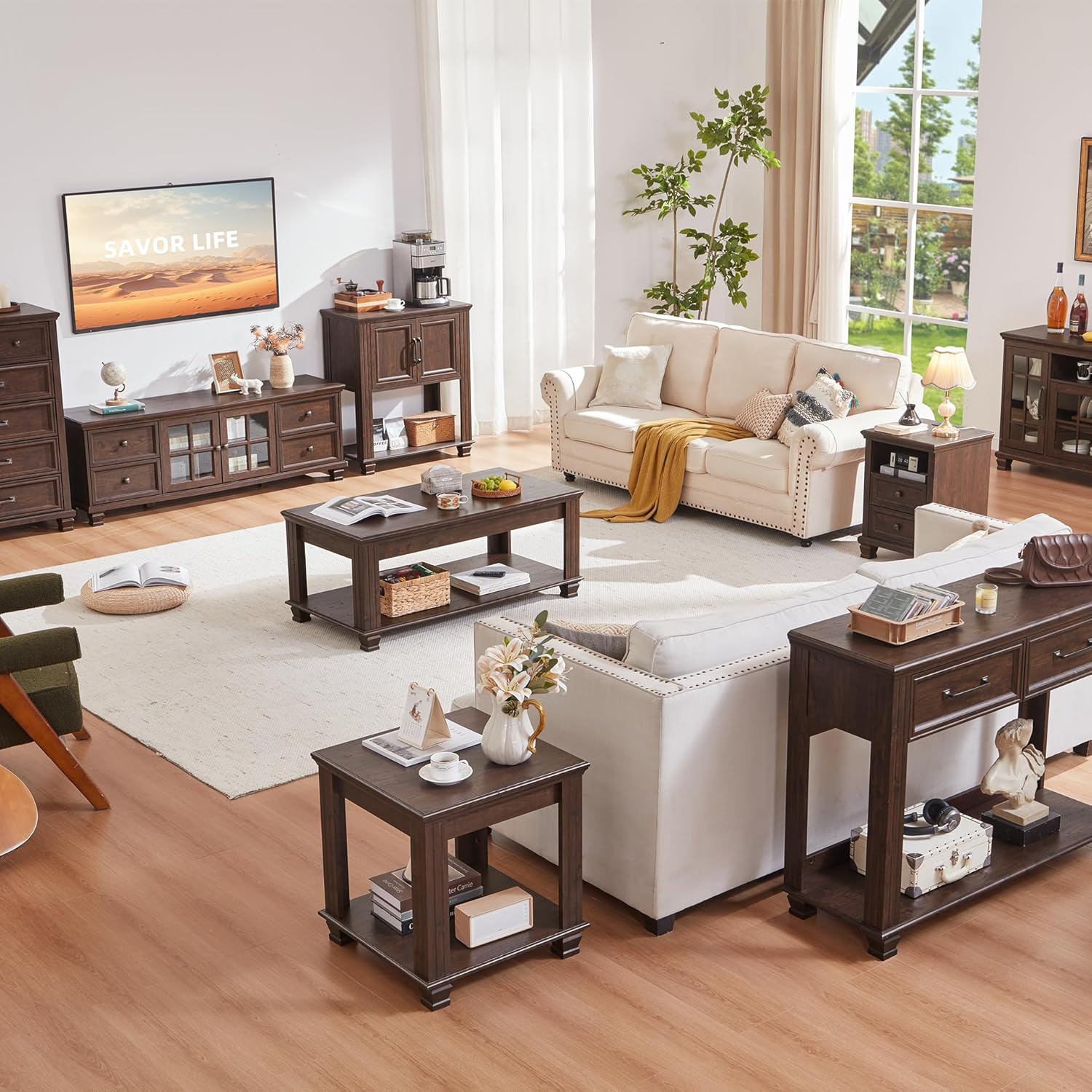 SAVOR LIFE Farmhouse Coffee Bar Table with 2-Door Cabinet, Kitchen Storage Cabinets with Open Shelf, Coffee Station for Dining Room, Kitchen, Hallway, Living Room, Walnut