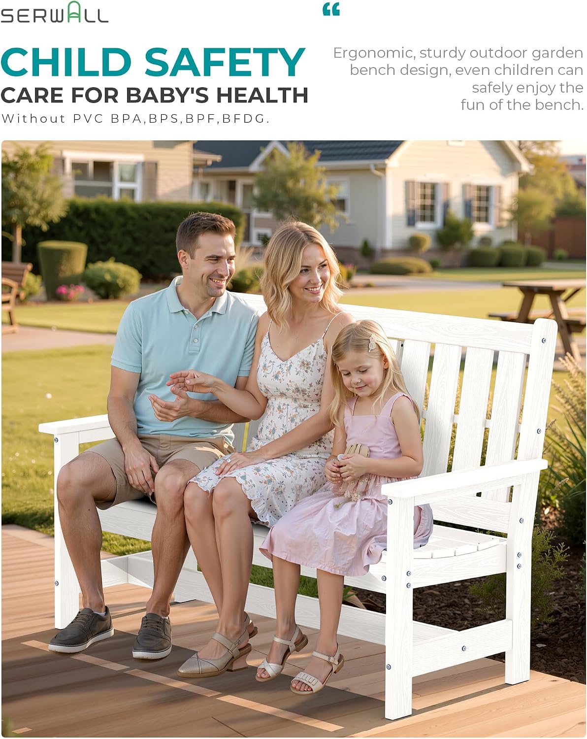 SERWALL Outdoor Bench with Cup Holder, Oversized 58" HDPE Porch Bench Suitable for 3 Person, All Weather Patio Benches with High Backrest for Garden, Park, Yard, Front Porch, White