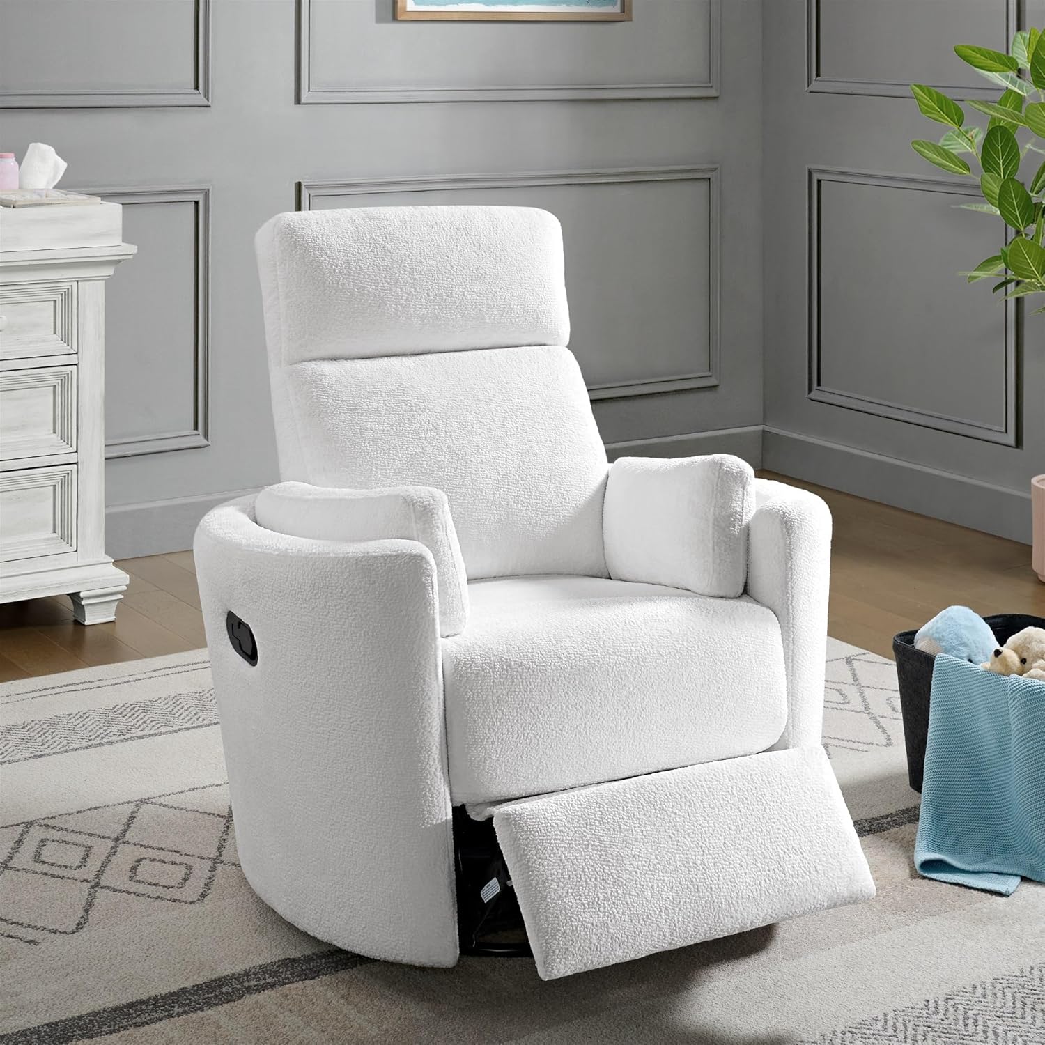 Soho Baby Nottingham Upholstered Glider Recliner Rocking Chair 360° Swivel for Nursery and Living Room, Plush White