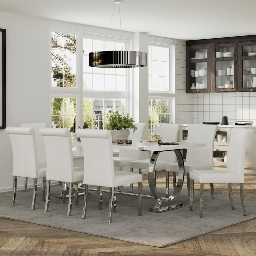 ACEDÉCOR Dining Chairs, White Leather Dining Chairs Set of 4, Upholstered Kitchen Room Chairs with Silver Stainless Steel Legs