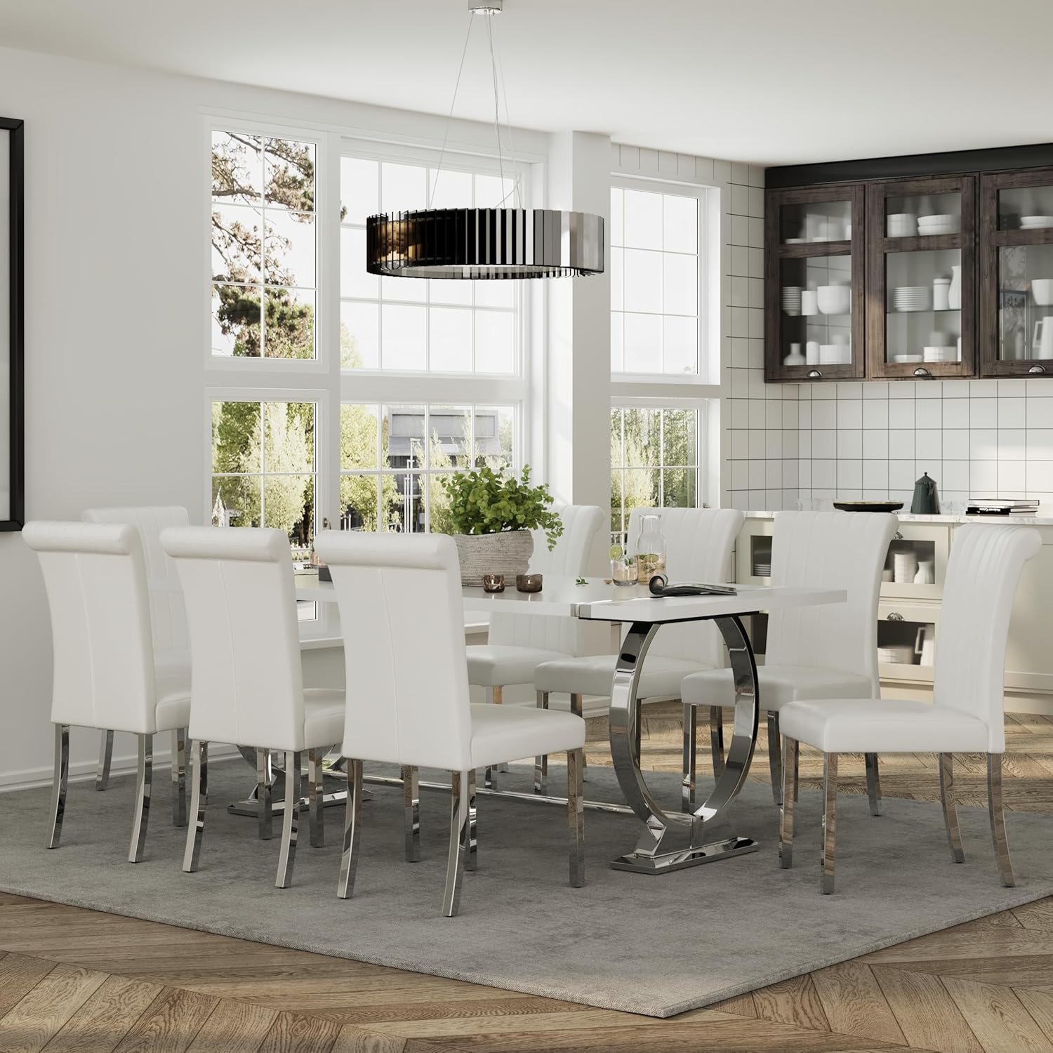 ACEDÉCOR Dining Chairs, White Leather Dining Chairs Set of 4, Upholstered Kitchen Room Chairs with Silver Stainless Steel Legs
