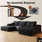 107" W Corduroy Sectional Boneless Cloud Couch with Chaise & Ottoman, No Assembly Required, U Shaped Modular Sectional Sofa, Cozy Fluffy Sofa for Living Room (Black, Left Facing Chaise+Ottoman)