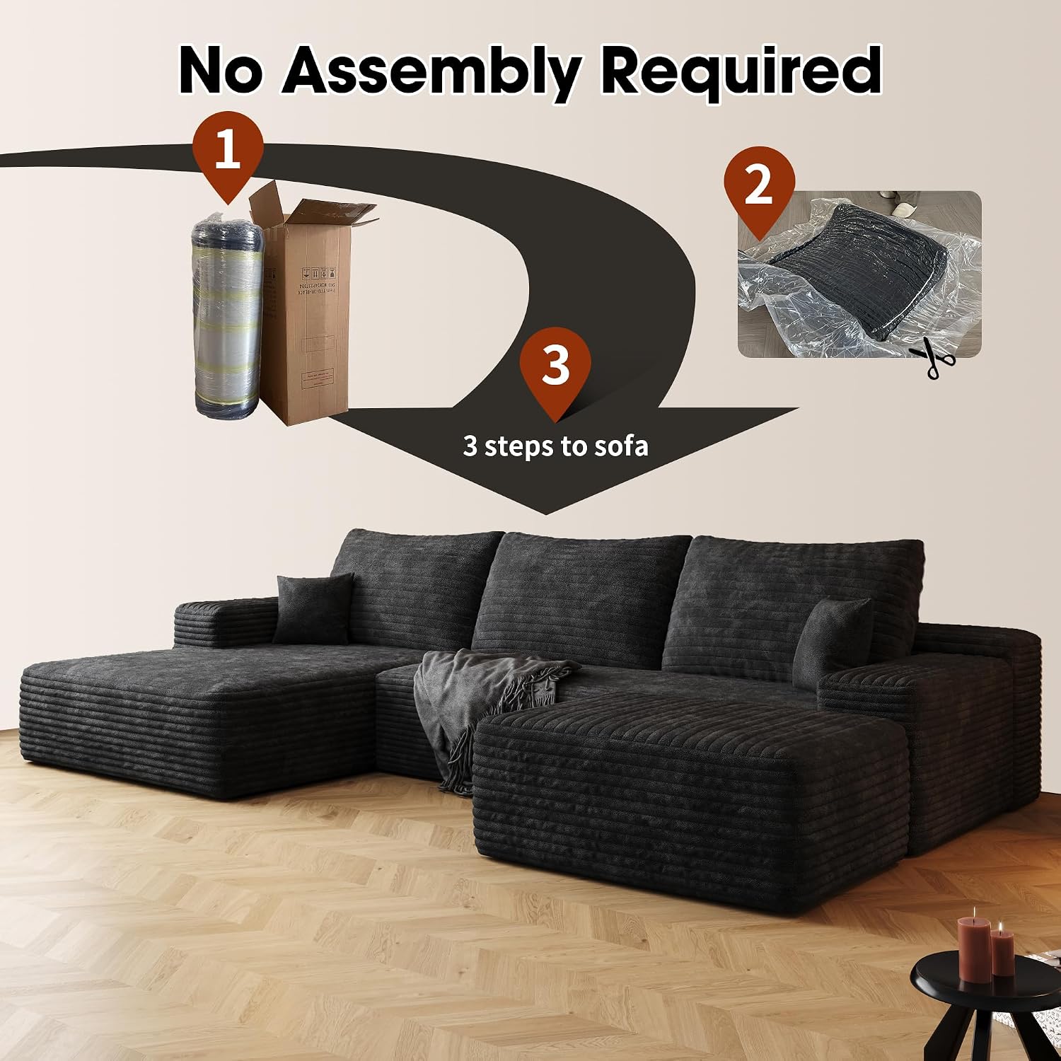 107" W Corduroy Sectional Boneless Cloud Couch with Chaise & Ottoman, No Assembly Required, U Shaped Modular Sectional Sofa, Cozy Fluffy Sofa for Living Room (Black, Left Facing Chaise+Ottoman)