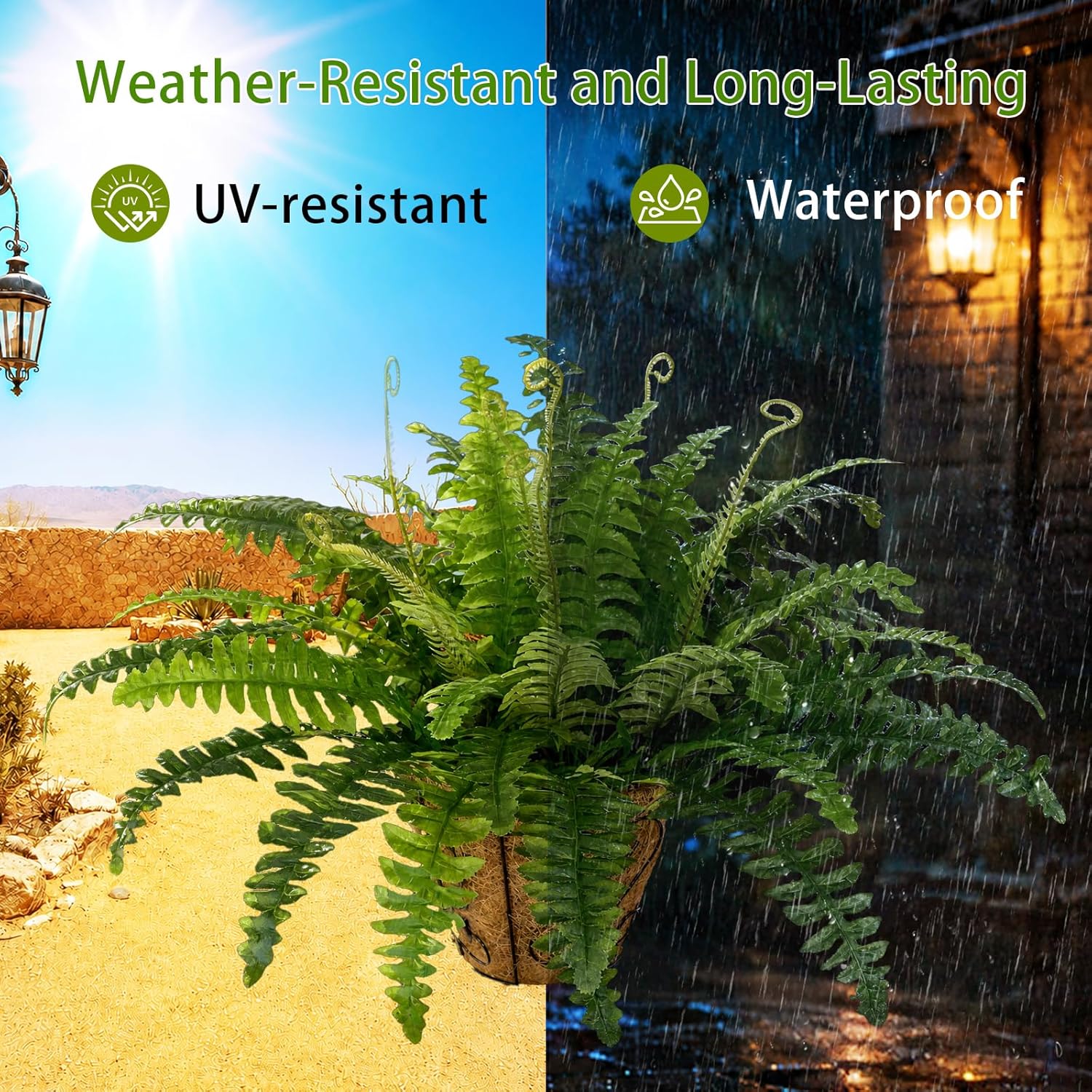 2 Set Artificial Hanging Ferns for Outdoors with Hanging Baskets, UV Resistant Artificial Outdoor Plants, Faux Ferns Outdoor Hanging Basket for Front Porch Garden