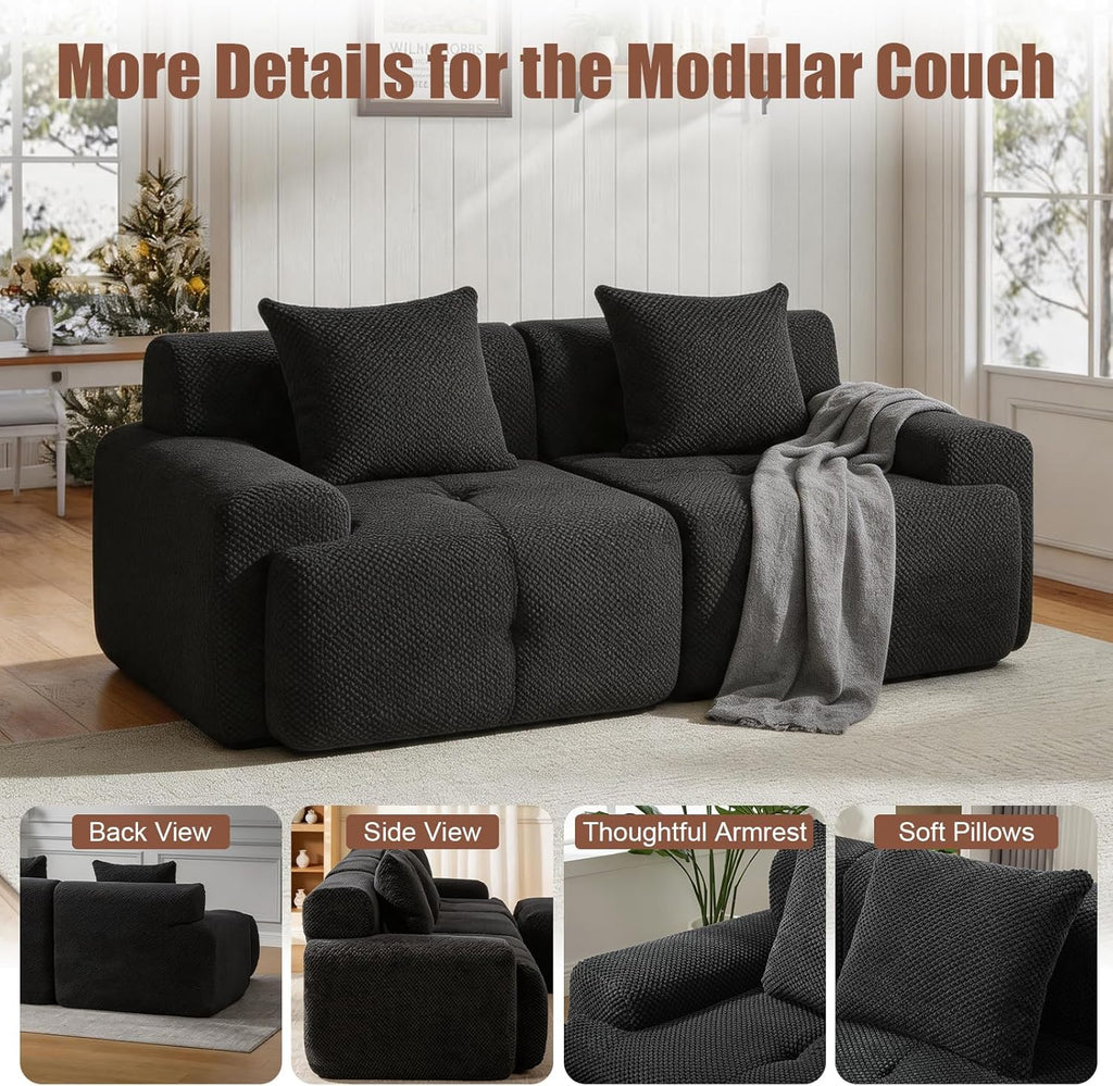 Modern Loveseat Sofa, 73.2" Black Boneless Couch with Spring and Foam Fill, Soft Pineapple Lattice Material, No Assembly Required for Living Room & Guest Room