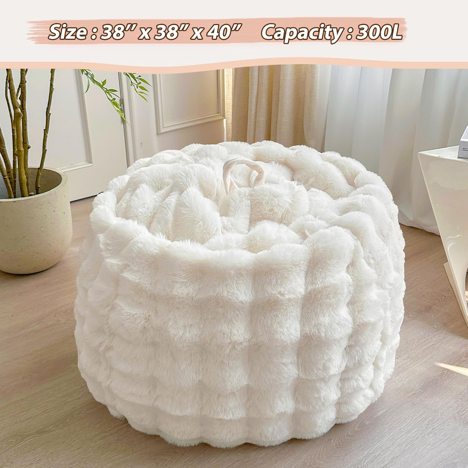 LIFEREVO Fluffy Faux Rabbit Fur Bean Bag Cover (No Filler), Big Luxury Fuzzy Stuffed Animal Storage Bubble Large Bean Bag Chair Home Decor, Comfy Shaggy Furry Beanbag Cover Kids Girls Adults, Beige