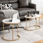 Giantex Modern Nesting Coffee Table Set of 2, Coffee Table & End Table Sets, Golden Steel Frame, Easy Assembly, Accent Marble-Look Stacking Side Table for Living Room Bedroom Apartment (Gold)