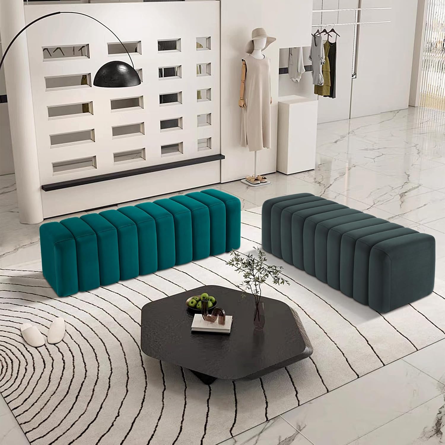 MCombo Waiting Room Benches, Guest Reception Lobby Chairs for Salon, Velvet Upholstered Ottoman for Bedroom Entryway 4698 (Green)