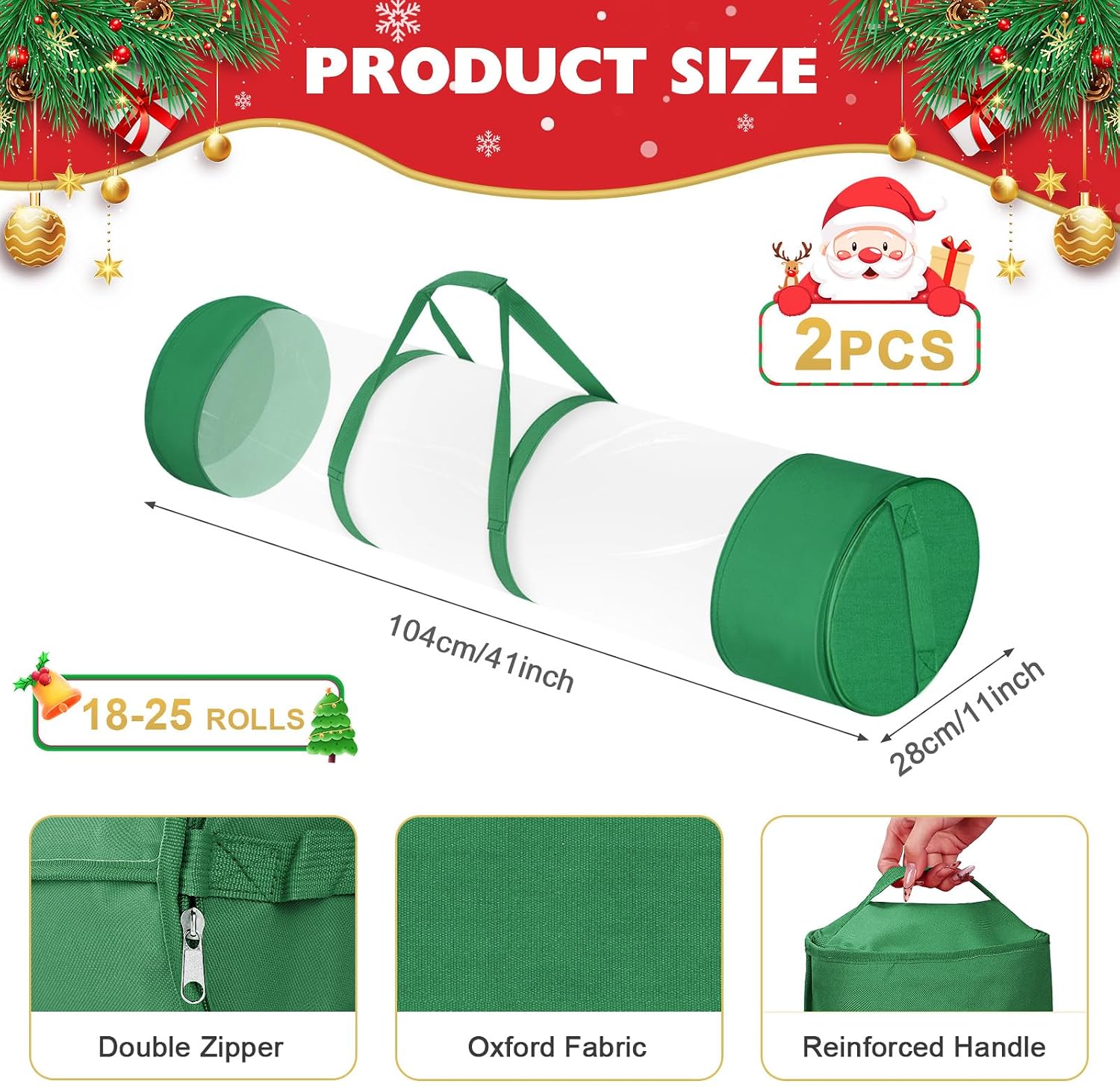 2Pack Christmas Gift Wrapping Paper Organizer Storage 40 Inch Wrapping Paper Storage Holder Gift Wrap Storage Containers Durable 600D Oxford Fabric for Holiday, Christmas, Fits 18-25 Rolls, Green