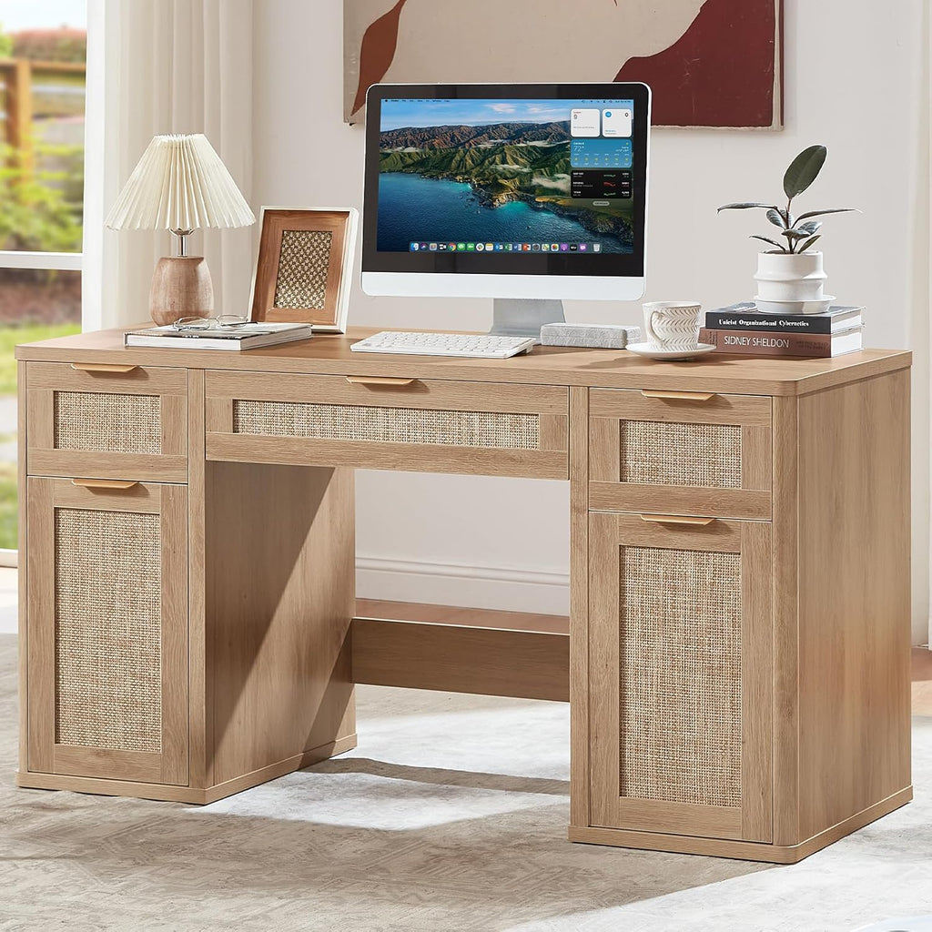 LEYAOYAO Office Desk 56" with 5 Drawers Storage File Cabinet Rattan Wood Desk for Computer Office Bedroom Home Furniture Natural