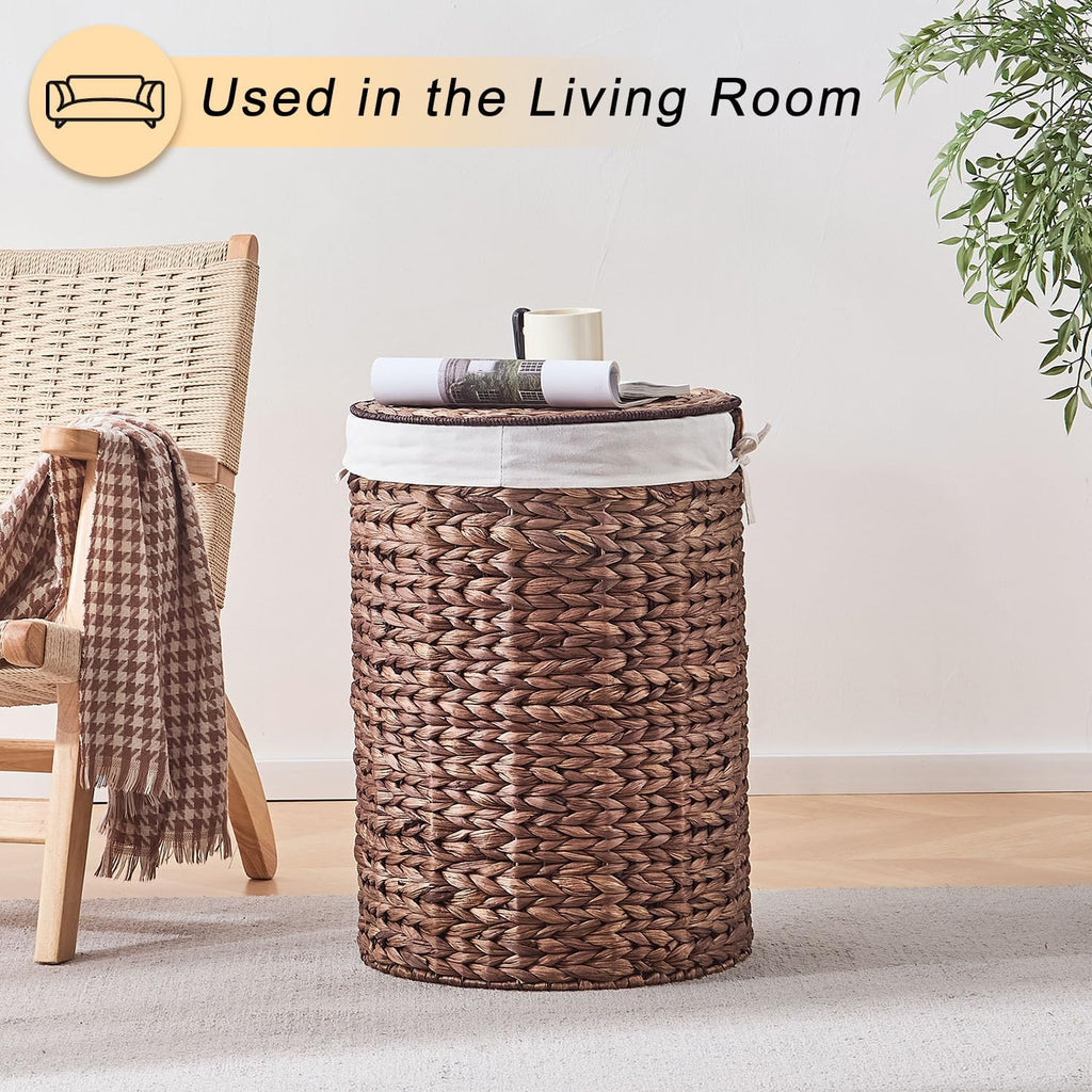 Round Water Hyacinth Laundry Hamper with Lid Handwoven Wicker Basket with Handles for Dirty Clothes, Storage, and Organization Ideal for Bedroom, Bathroom, and Laundry Room, No Assembly Required, 90L