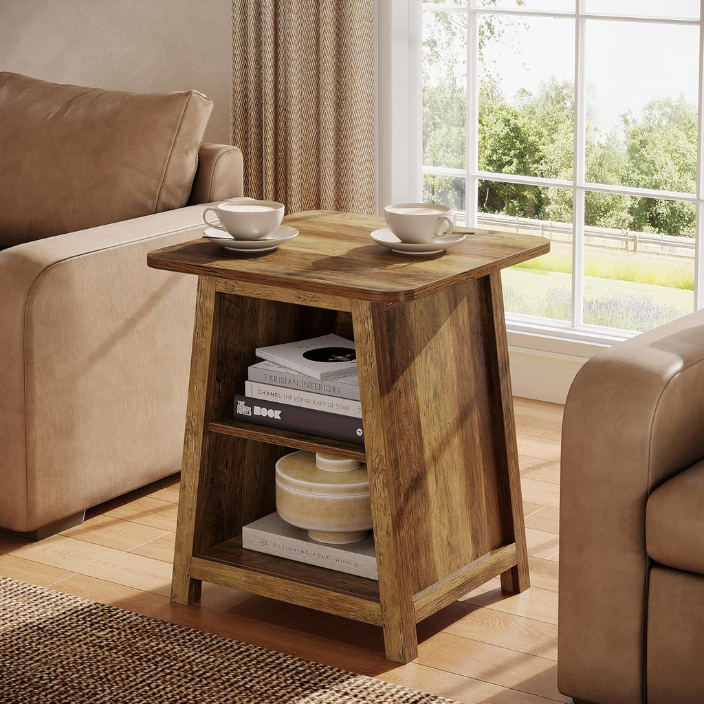Tribesigns 3-Tier Rustic Farmhouse Wooden End Table with Open Storage Shelves, Trapezoid Angled Leg Side Table for Living Room, Small Space Friendly Sofa Side Table