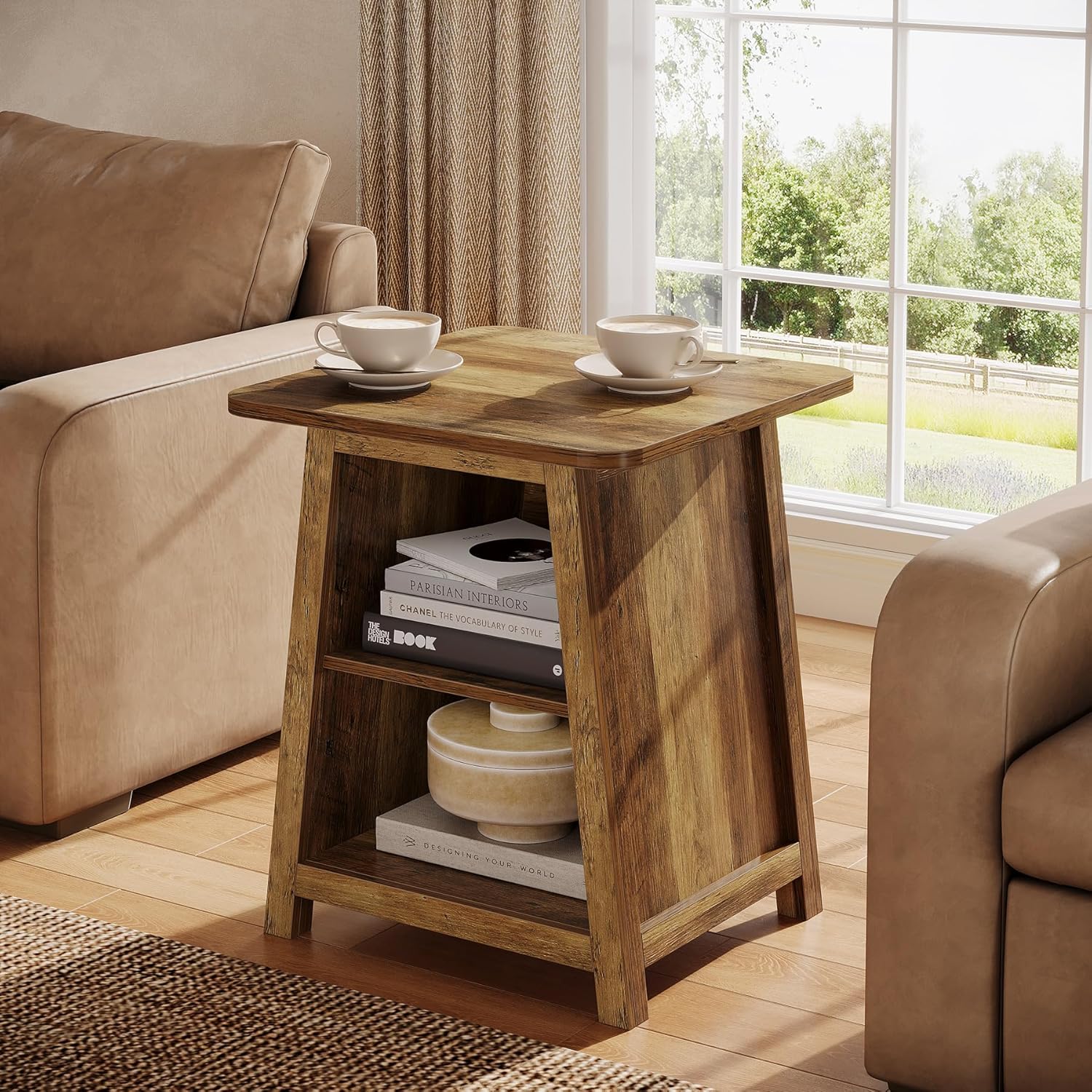 Tribesigns 3-Tier Rustic Farmhouse Wooden End Table with Open Storage Shelves, Trapezoid Angled Leg Side Table for Living Room, Small Space Friendly Sofa Side Table