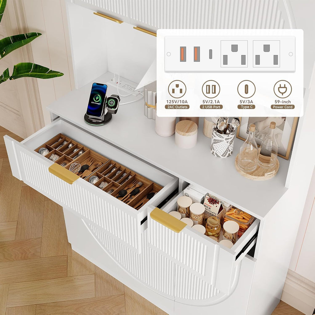 71" Kitchen Pantry Cabinet with Build-in Charging Station, White Modern Kitchen Cabinet Hutch with Drawers & Microwave Stand, Pantry Buffet with Countertop for Dining Room, White