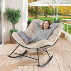 Giantex Outdoor Rocking Chair, Indoor Oversized Egg Papasan Chair with Padded Cushion, Patio Rocker Chair w/Metal Frame for Porch Garden Backyard, 450 lbs Capacity, Beige