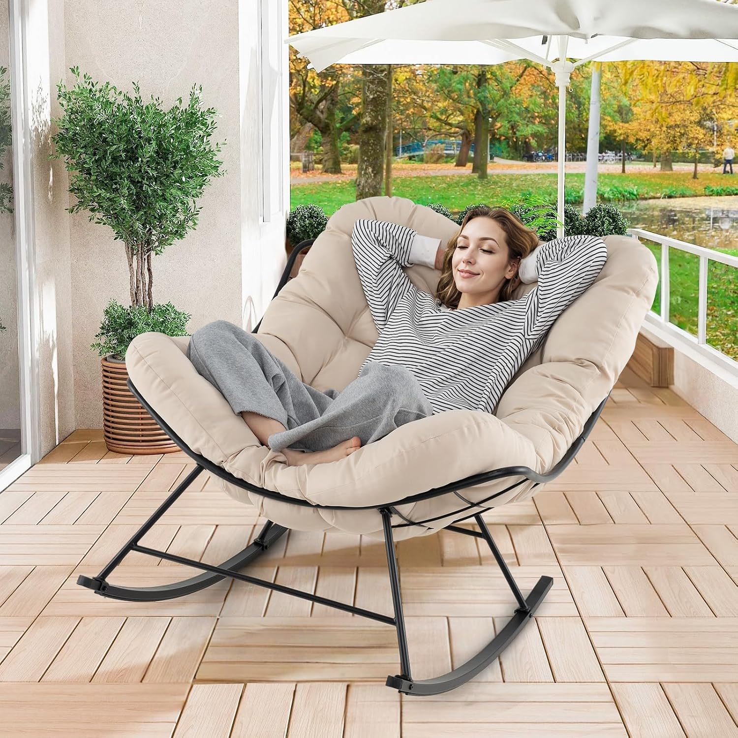 Giantex Outdoor Rocking Chair, Indoor Oversized Egg Papasan Chair with Padded Cushion, Patio Rocker Chair w/Metal Frame for Porch Garden Backyard, 450 lbs Capacity, Beige