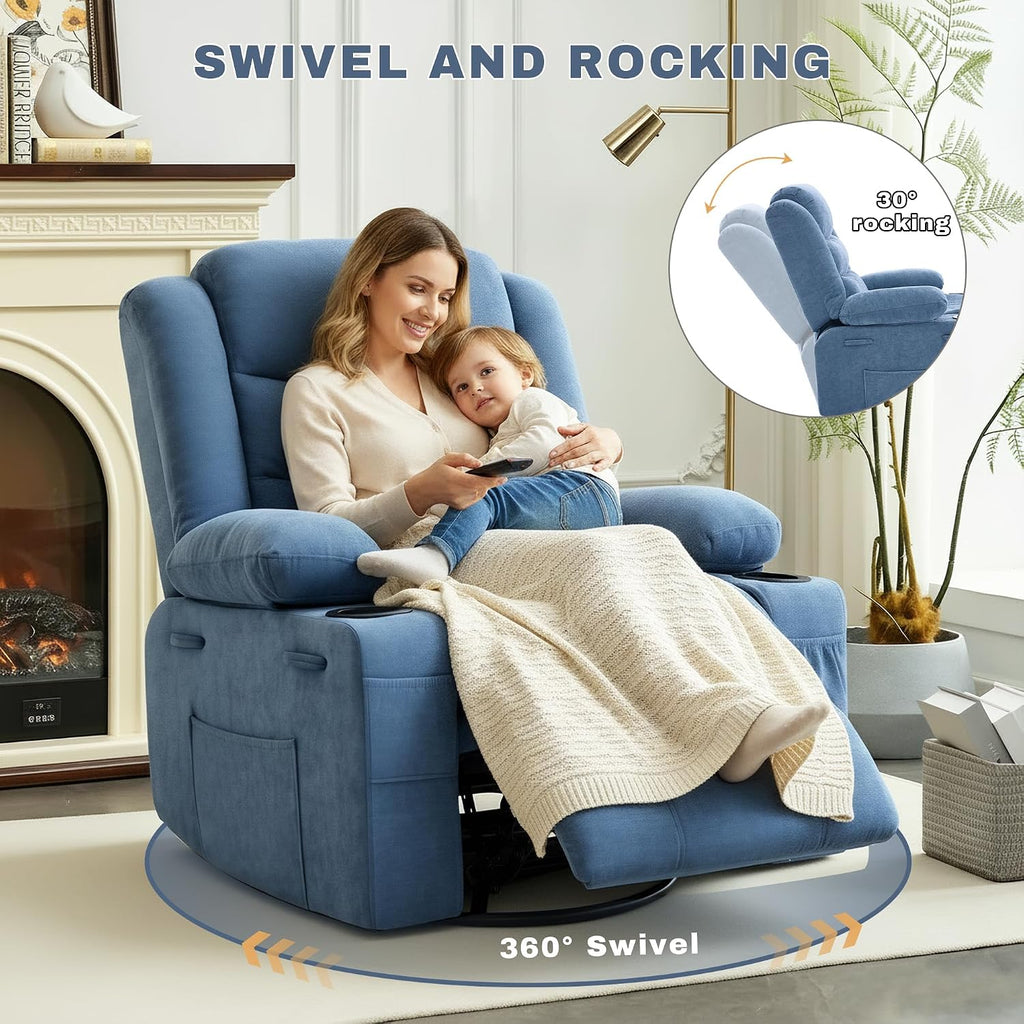 Swivel Rocker Recliner Chair, Manual Recliner Single Sofa with Cup Holders and Side Pocket, Chenille Fabric, Upholstered Nursery Rocking Chair for Living Room, Bedroom, Blue