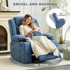 Swivel Rocker Recliner Chair, Manual Recliner Single Sofa with Cup Holders and Side Pocket, Chenille Fabric, Upholstered Nursery Rocking Chair for Living Room, Bedroom, Blue