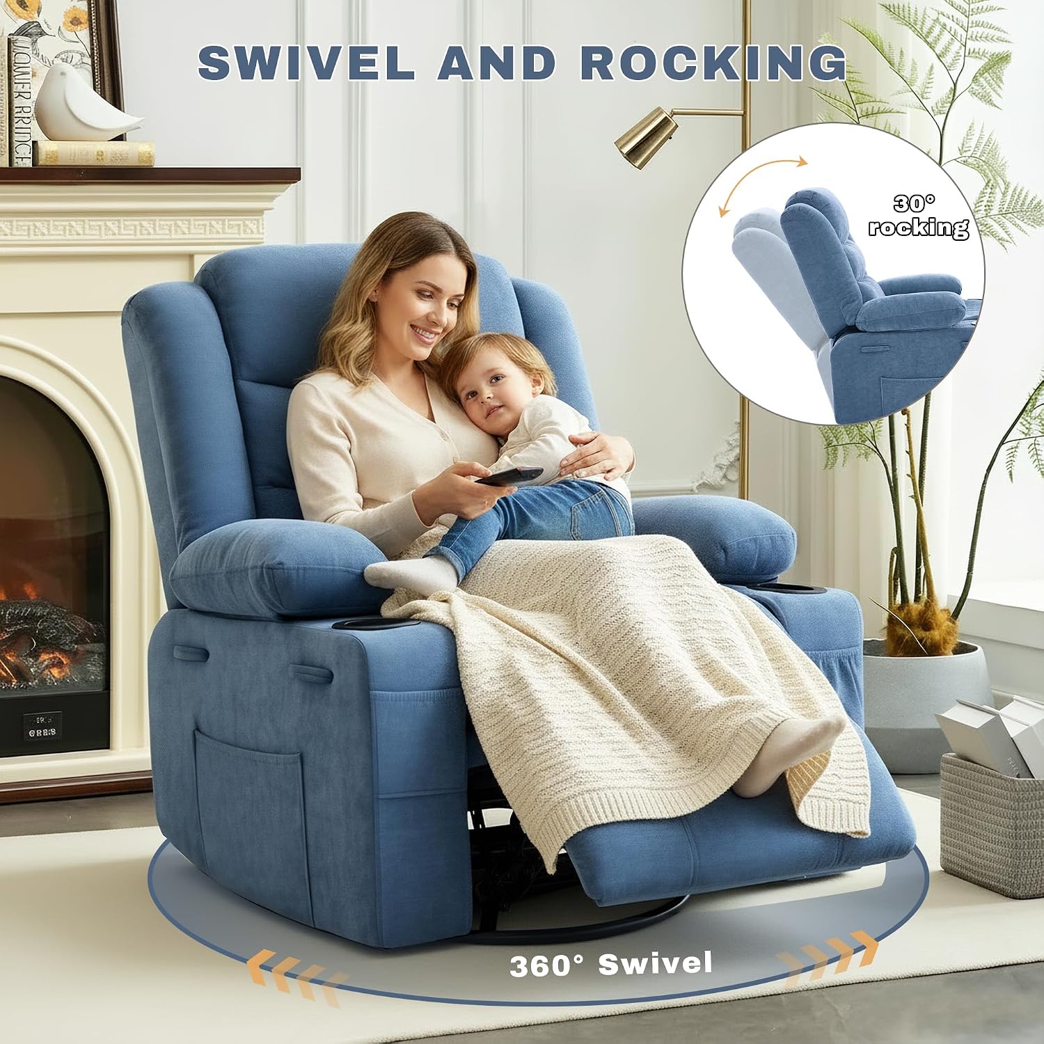 Swivel Rocker Recliner Chair, Manual Recliner Single Sofa with Cup Holders and Side Pocket, Chenille Fabric, Upholstered Nursery Rocking Chair for Living Room, Bedroom, Blue