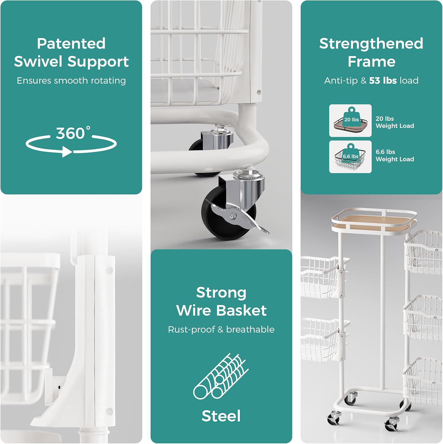 5 Tier Kitchen Fruit Vegetable Storage Cart with Rotating Basket, Rolling Rack Shelf Organizer Floor Stand on Wheel for Snack Spice Produce Veggie Onion Potato Bin, Vianderos Para Cocina, White