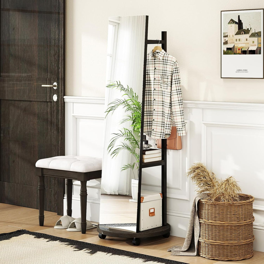 Tangkula Full Length Mirror with Coat Rack, Swivel 55" Standing Floor Mirror on Wheels with Shelves, Hanging Rods & Hooks, Coat Tree with Full Body Mirror for Living Room, Entryway, Bedroom